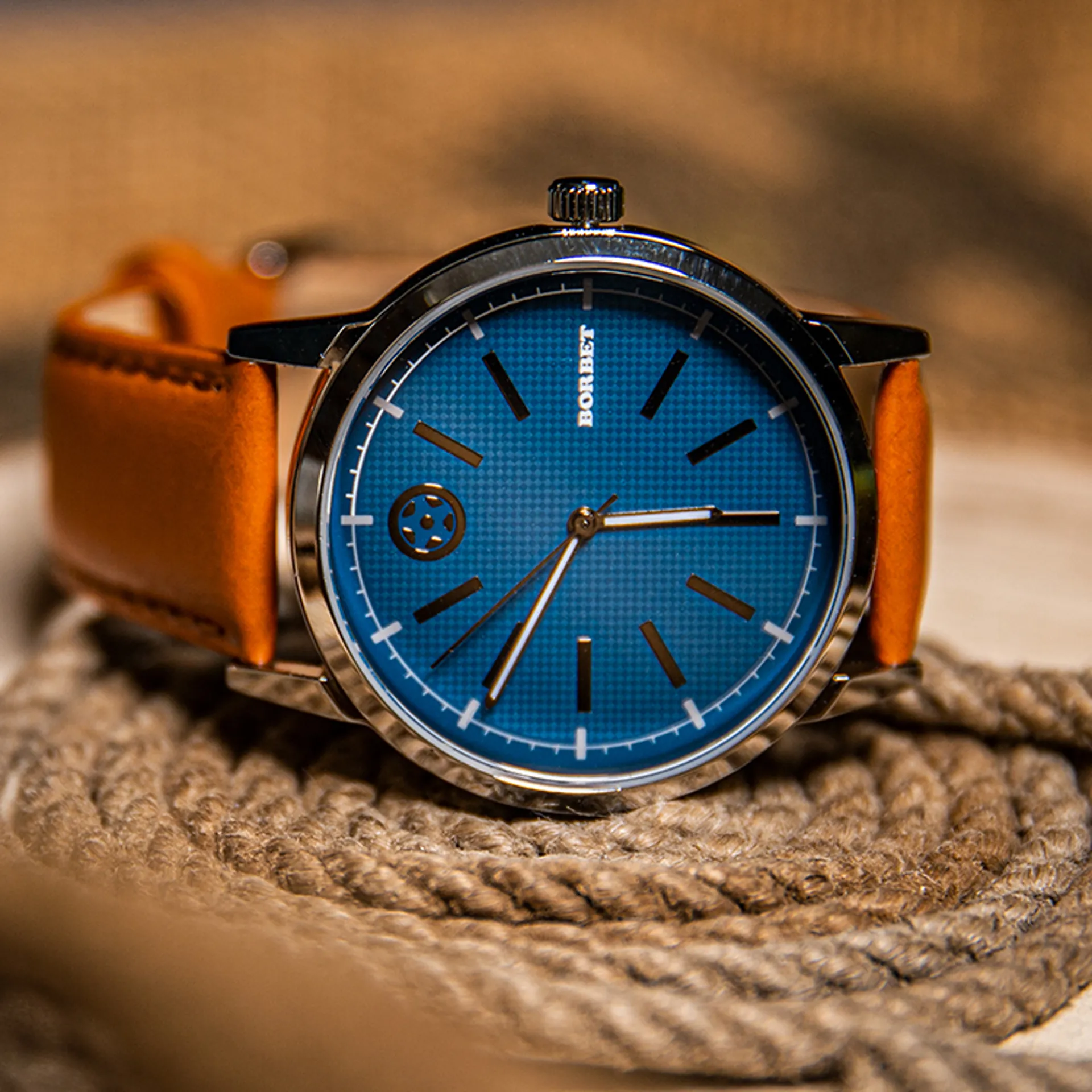 BORBET Herrenarmbanduhr Lederarmband mit blauem Zifferblatt 2